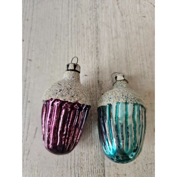 Vintage acorn glass glitter ornament flocked frosted Xmas tree - Picture 1 of 11